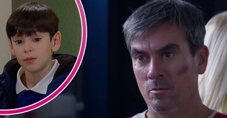 Kyle looking worried and Cain Dingle looking annoyed in Emmerdale