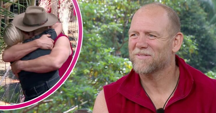 Mike Tindall in large picture to the right. To the left, a half circle with a pink border, showing Zara and Mike hugging
