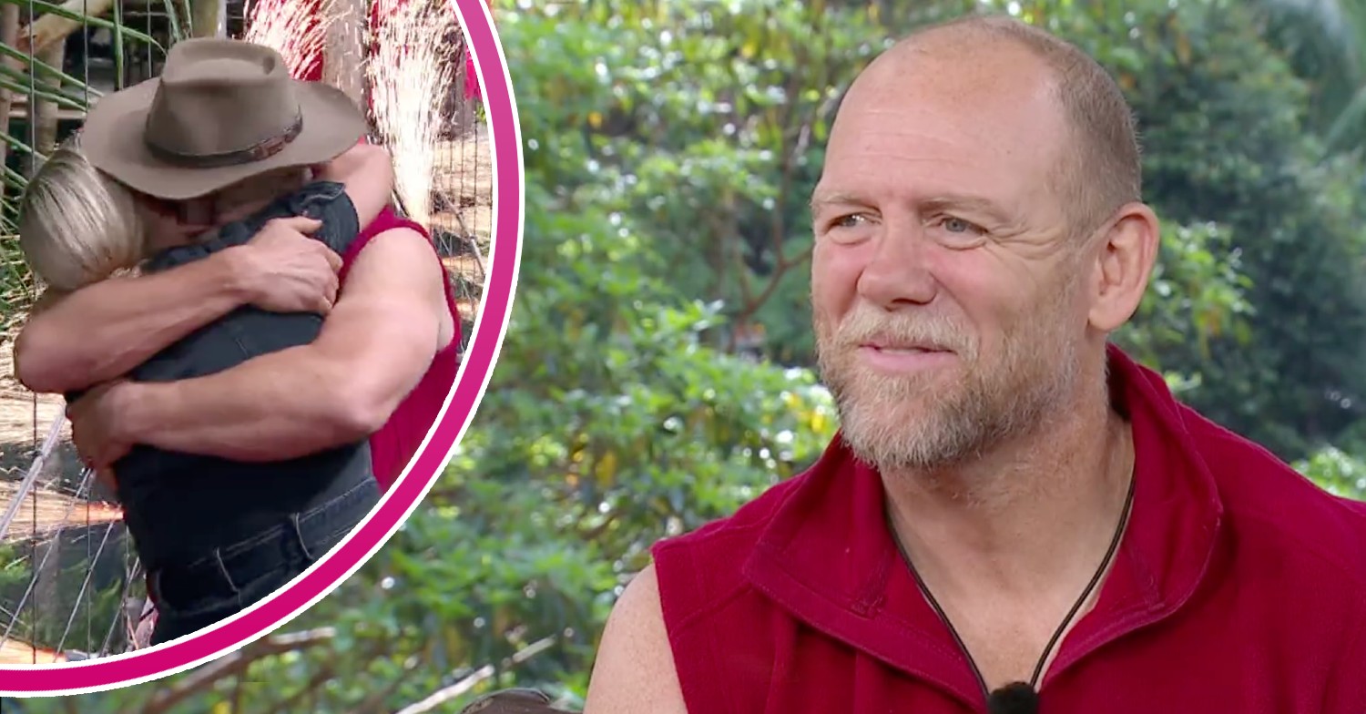 Mike Tindall in large picture to the right. To the left, a half circle with a pink border, showing Zara and Mike hugging