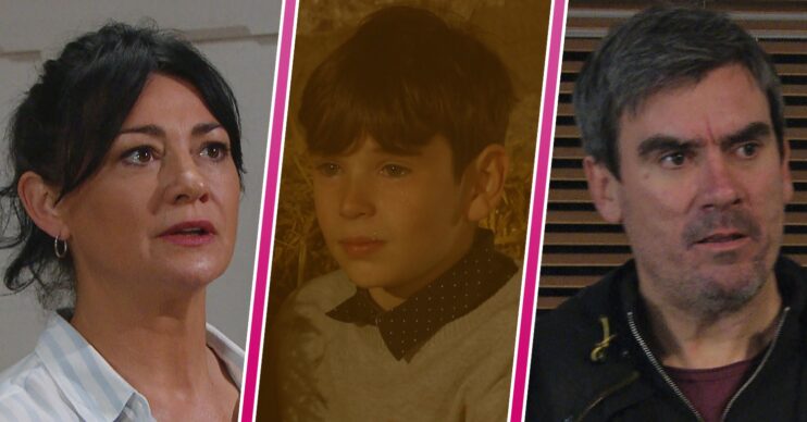 Moira, Cain and Kyle all looking worried in Emmerdale