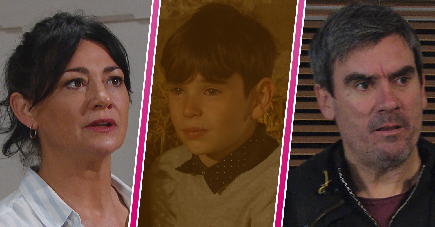 Moira, Cain and Kyle all looking worried in Emmerdale