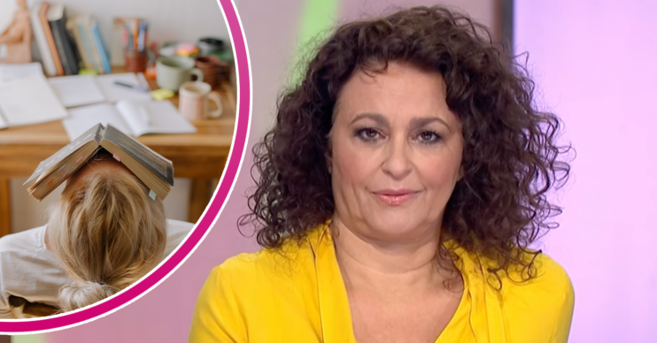 Nadia Sawalha in yellow and a child with a book on their head