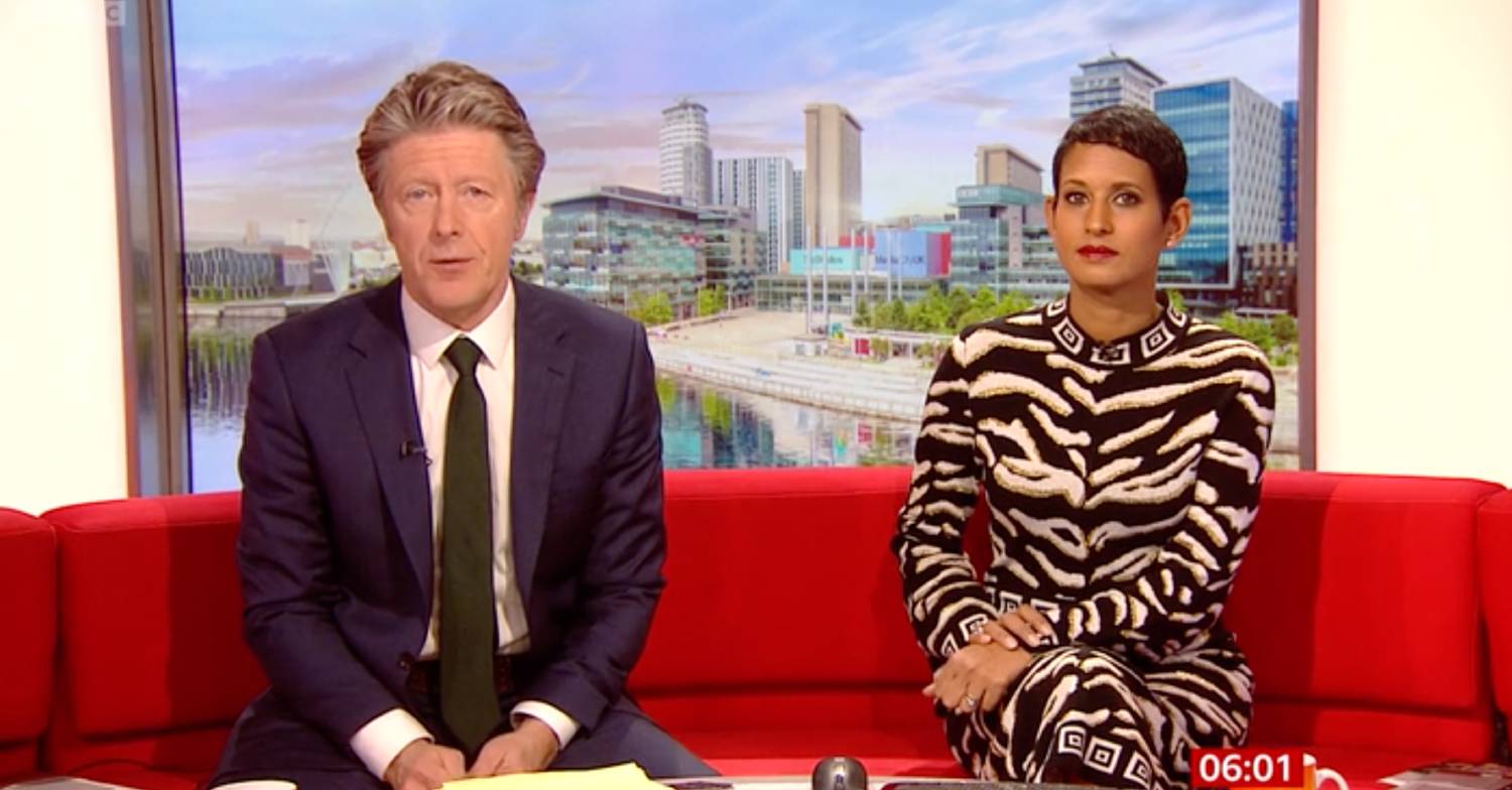 Naga Munchetty hosts BBC Breakfast alongside Charlie Stayt