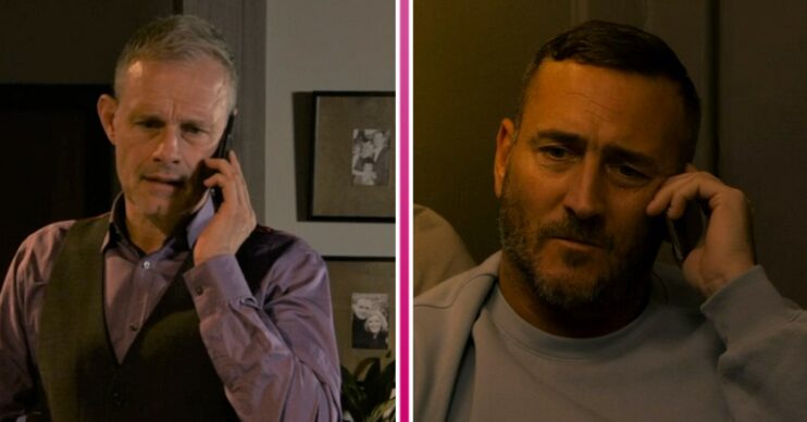 Nick looking worried on the phone and Harvey smiling on the phone in Coronation Street