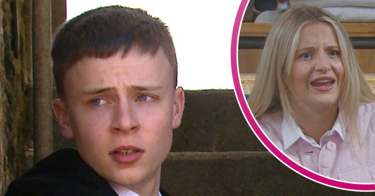 Samson looking worried and Amelia looking angry in Emmerdale