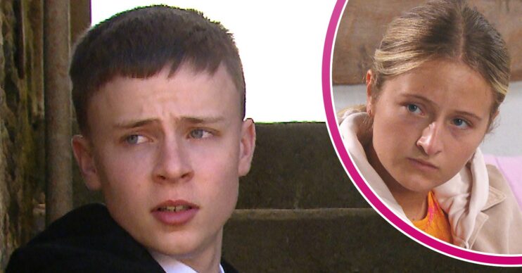 Samson looking worried and Amelia looking upset in Emmerdale