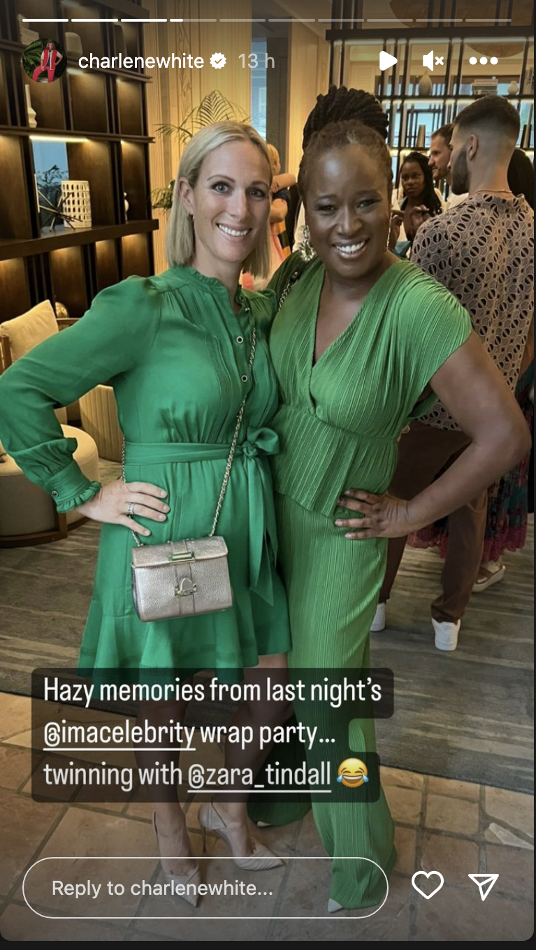 Zara Tindall and Charlene White in green dresses, posing at the I'm A Celeb 2022 wrap party