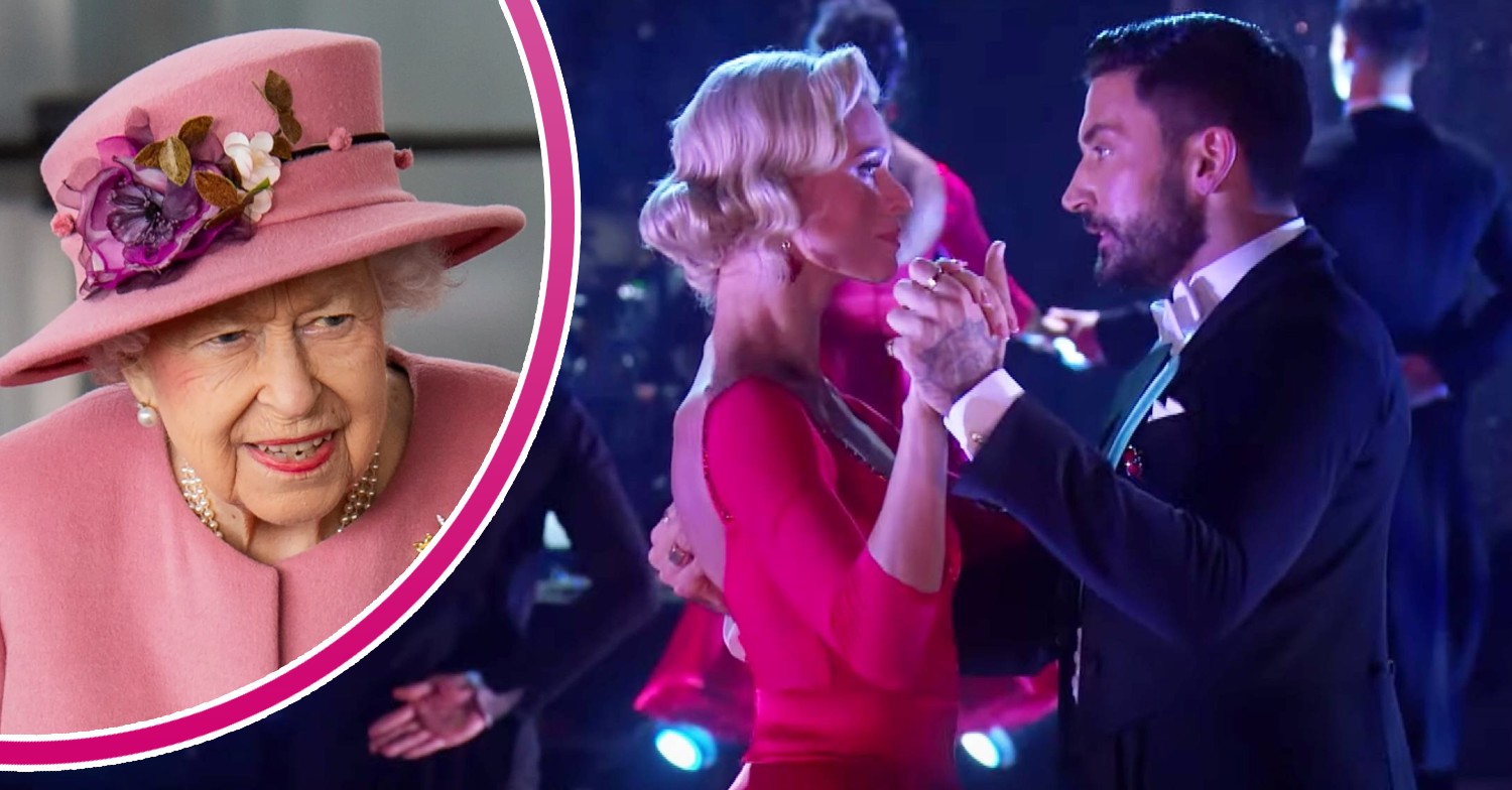 The Queen smiling in pink and Strictly pros dancing