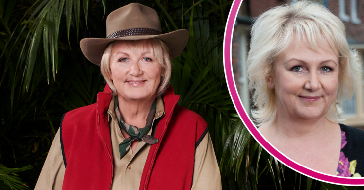 Sue Cleaver in her I'm A Celebrity outfit and on Corrie