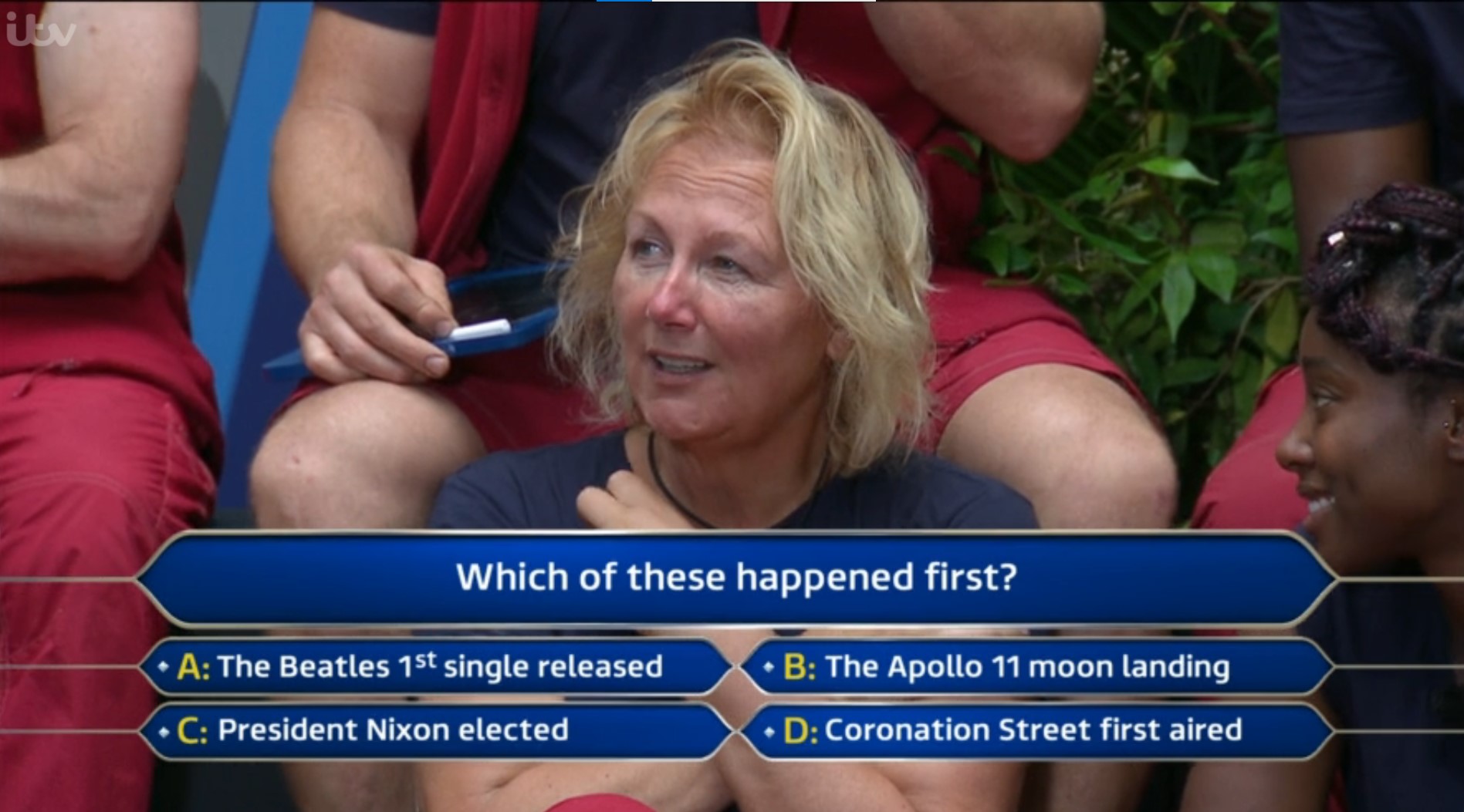 Sue Cleaver looks worried as she's asked a question on I'm A Celebrity
