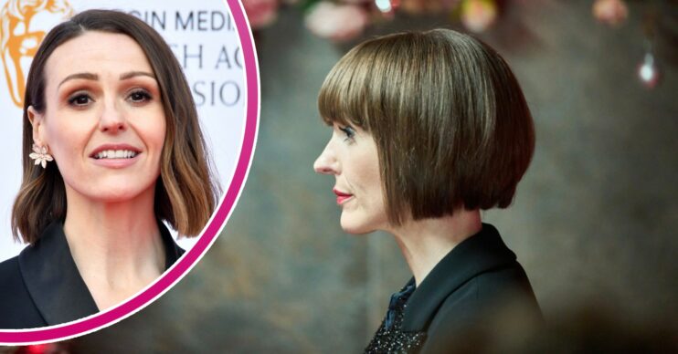 Suranne Jones smiling on the red carpet and looking to the side in Christmas Carole