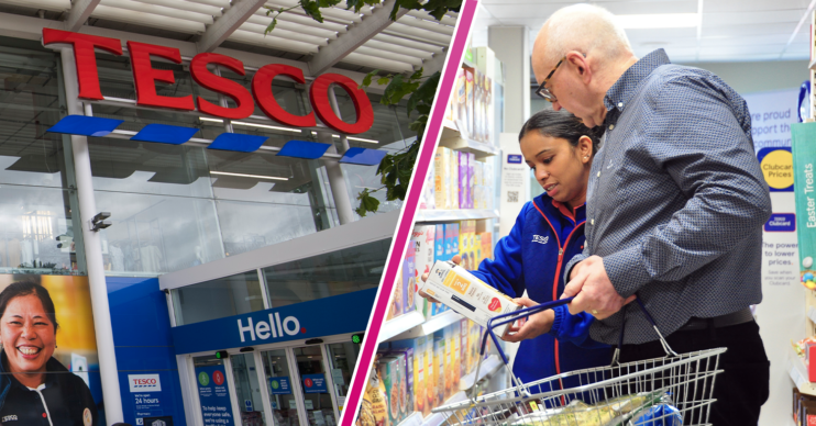 Tesco store front and a shopper
