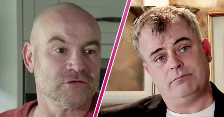 Composite image of Steve and Tim on Corrie, both looking argumentative and stubborn (Credit: ITV/Composite: Entertainment Daily)