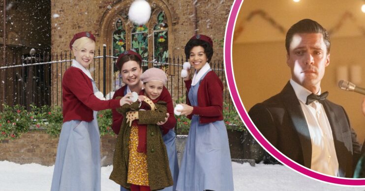 Midwives in character plus olly Rix inset as Matthew Aylward
