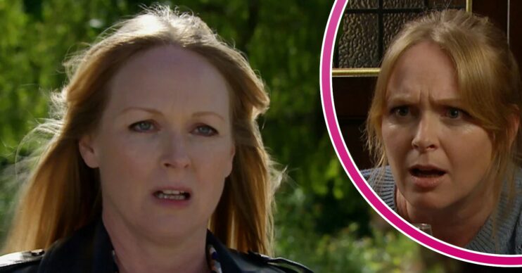 Vanessa looking shocked on Emmerdale, inset, she looks even more shocked in Emmerdale
