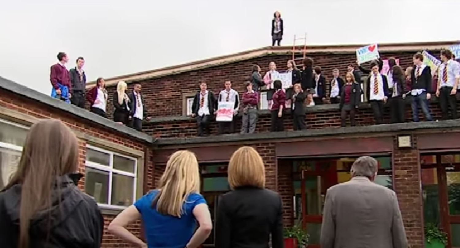 Kids stand on the roof of the Waterloo Road Rochdale set