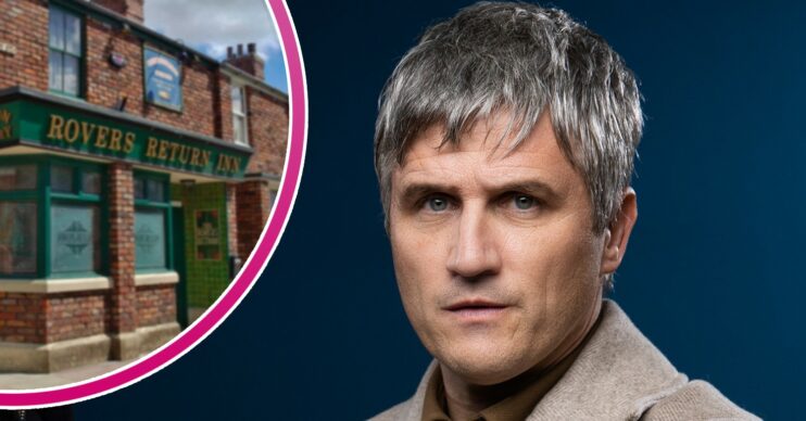 Will Ash looking serious with the Coronation Street Rovers pub