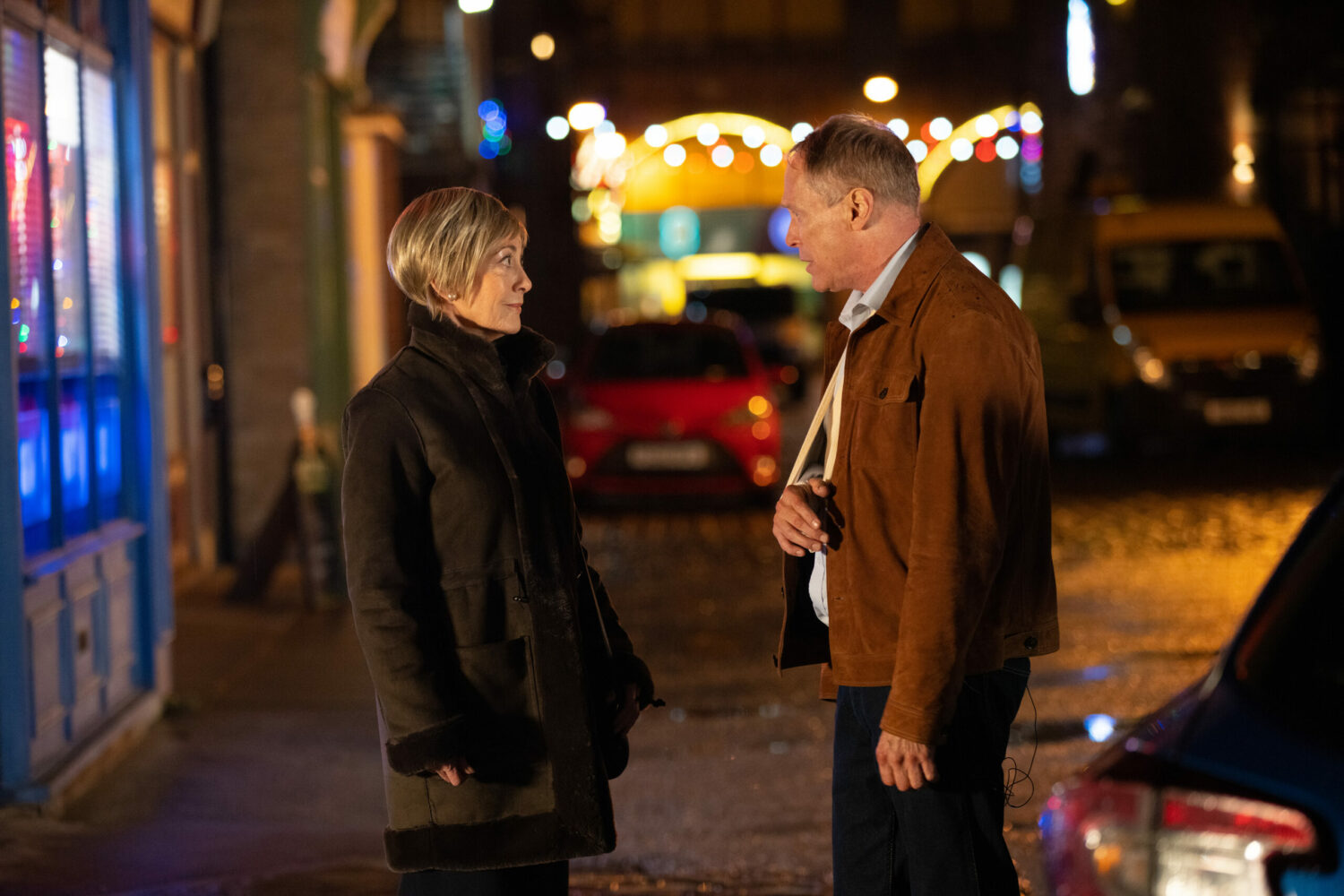 Coronation Street's Elaine and Stephen are talking to each other, in the street