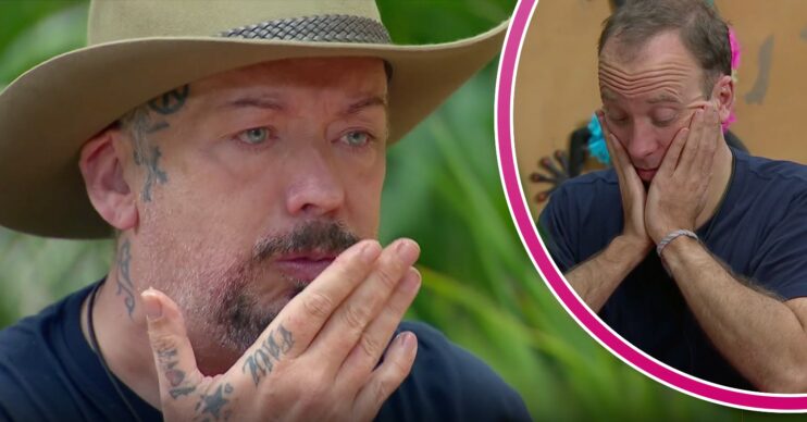 Boy George holds had up at mouth while eating. In a picture to the right, in a half circle with a pink frame, Matt Hancock holds his hands up to his face.