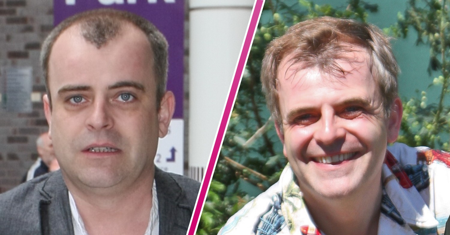 coronation street star Simon Gregson looking happy and straight faced