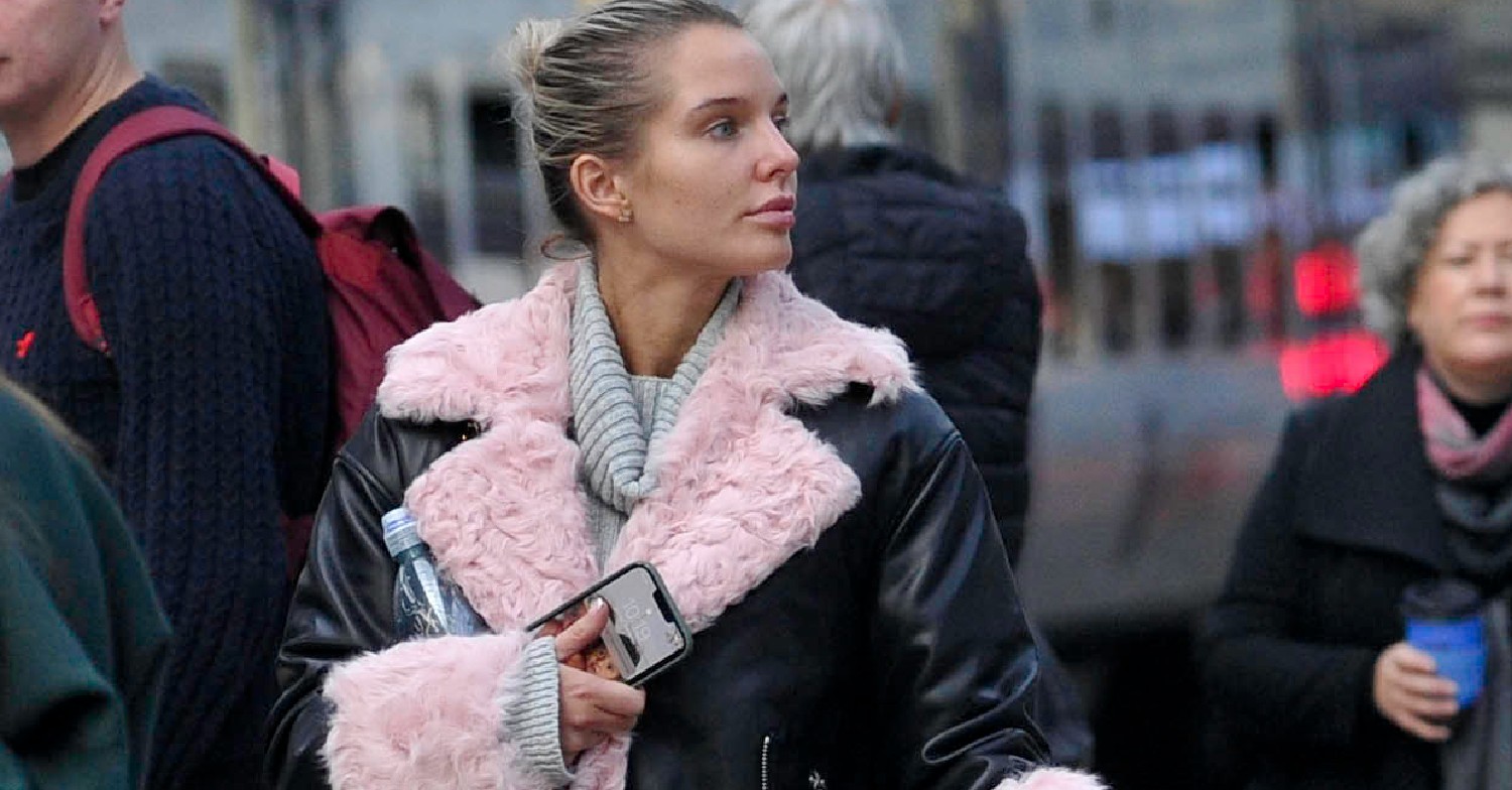 Helen Flanagan without make-up and a pink coat