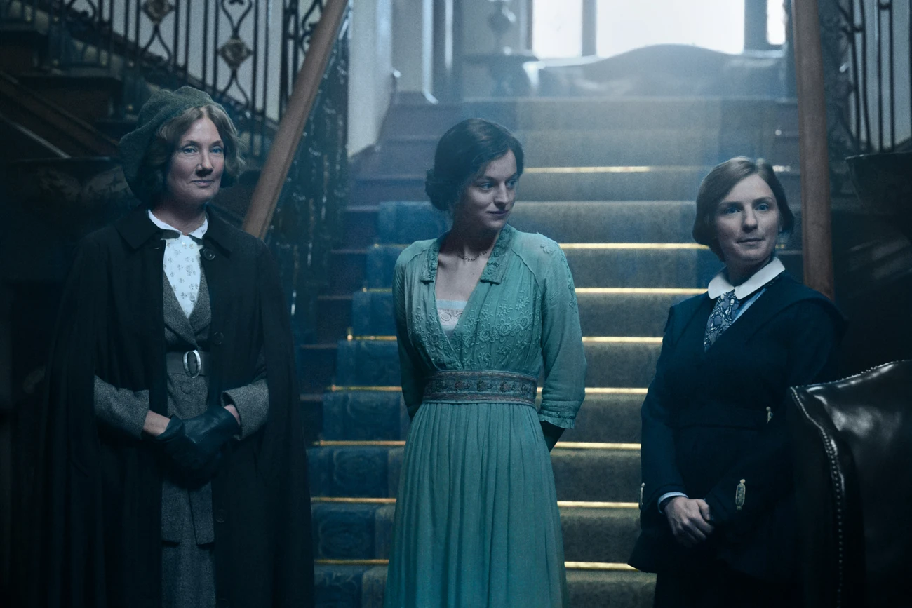 Mrs Bolton, Lady Chatterley and Hilda stand together