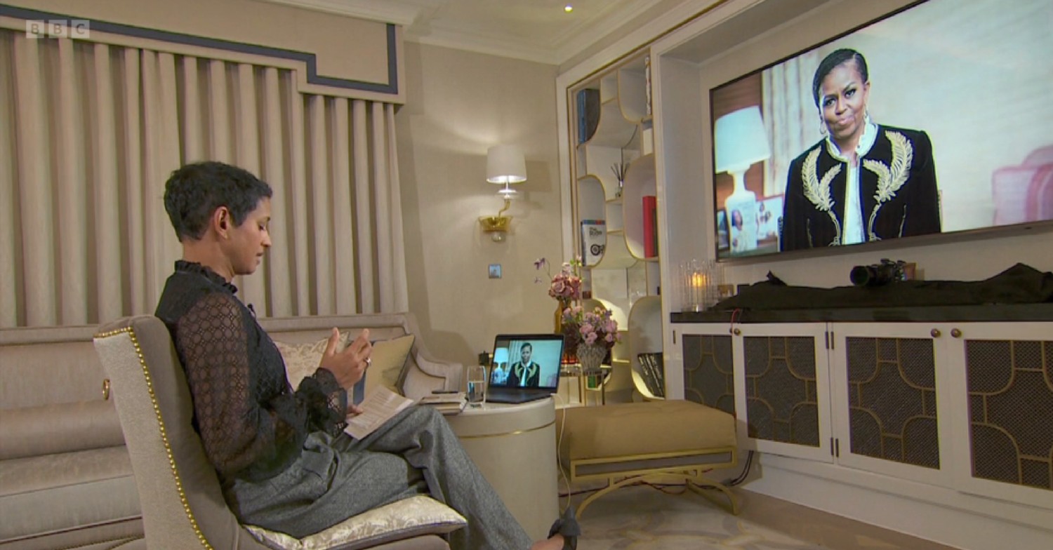 Naga Munchetty speaking to Michelle Obama via video link on BBC breakfast today 