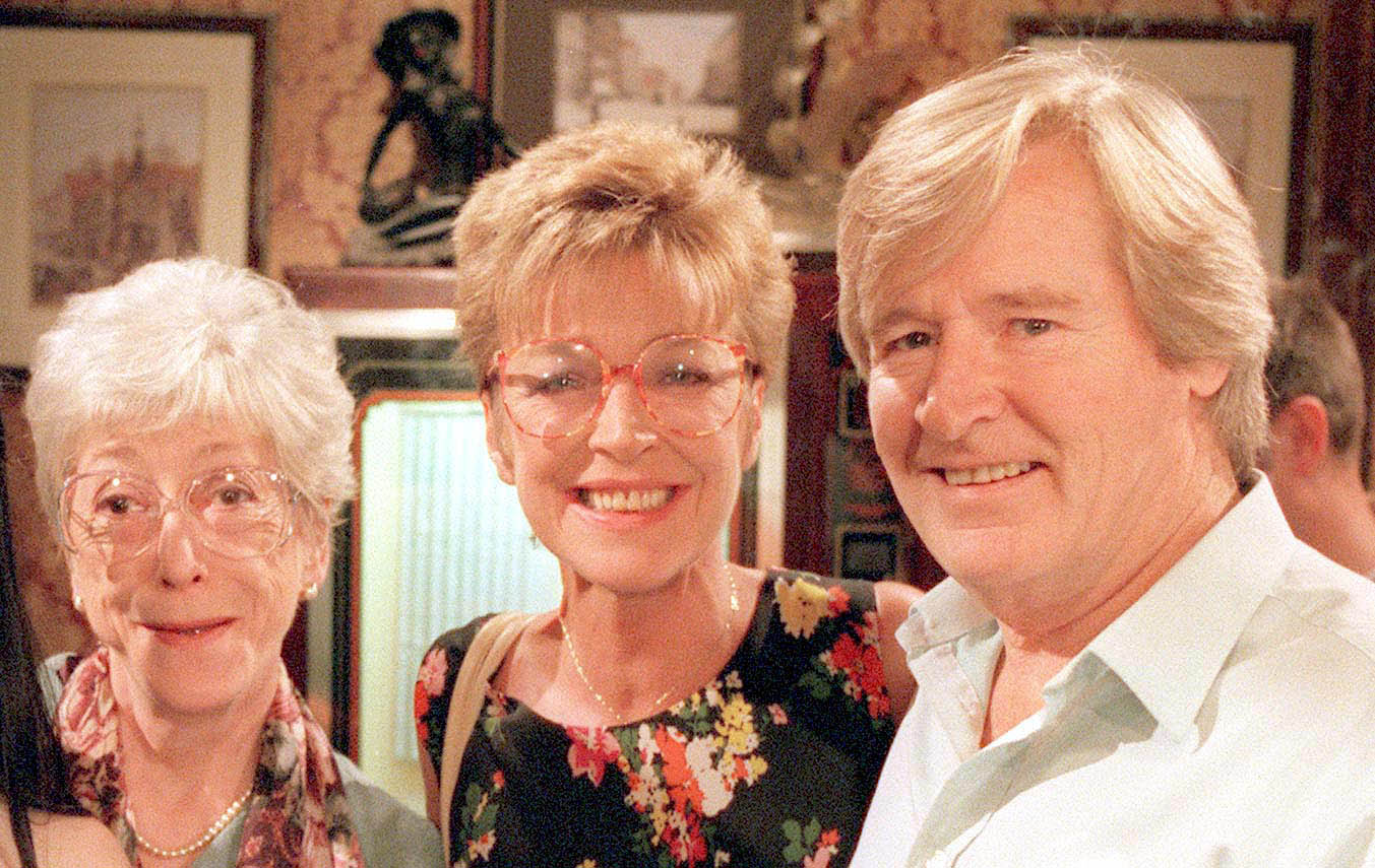 Ken, Diedre and Blanche posing for a picture together on Coronation Street
