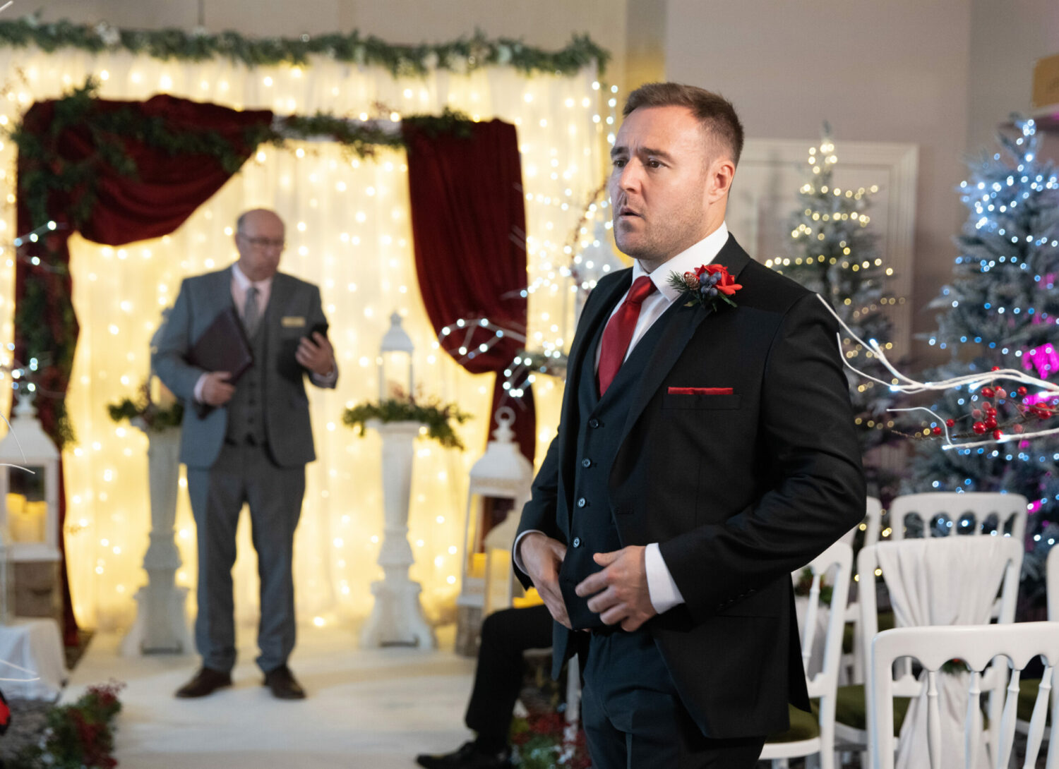 Coronation Street: Tyrone looks smart as he anxiously waits for Fiz at their surprise wedding