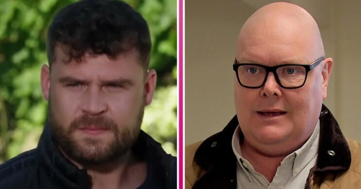 Aaron looking angry and Paddy looking horrified in Emmerdale