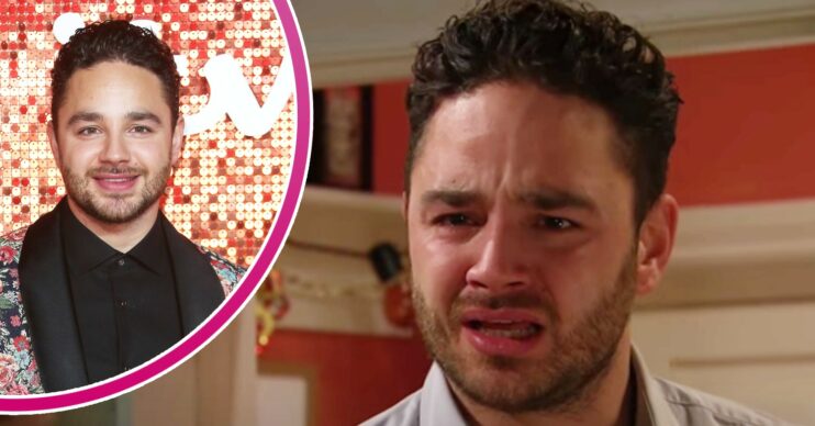 Adam Thomas smiling on the red carpet and Adam Barton in Emmerdale looking angry