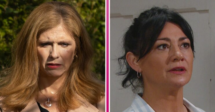 Bernice looking worried and Moira looking scared in Emmerdale