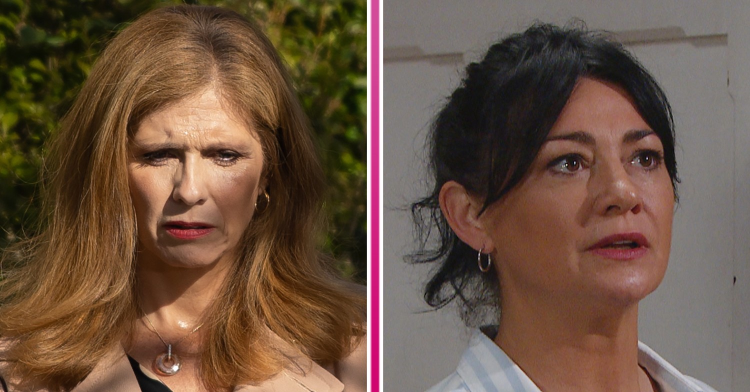 Bernice looking worried and Moira looking scared in Emmerdale