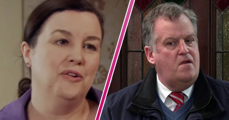 Mary smiling and Brian looking shocked in Coronation Street