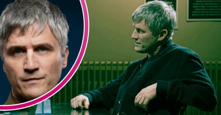 Caleb looks serious at the prison visiting room table; inset, a publicity shot of him looking intense on Emmerdale (Credit: ITV/Composite: Entertainment Daily)