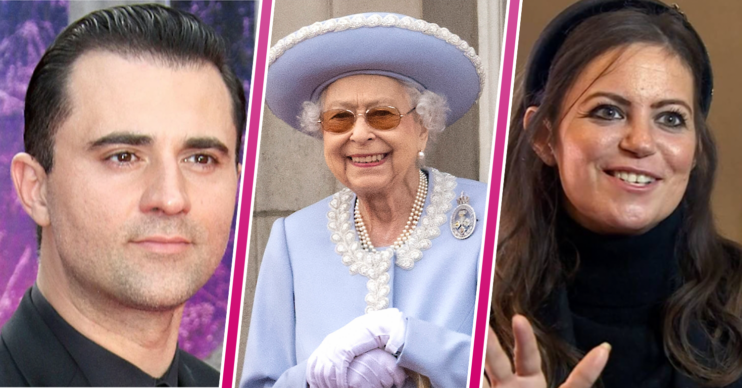 Darius, the Queen and Dame Deborah James separated by pink lines