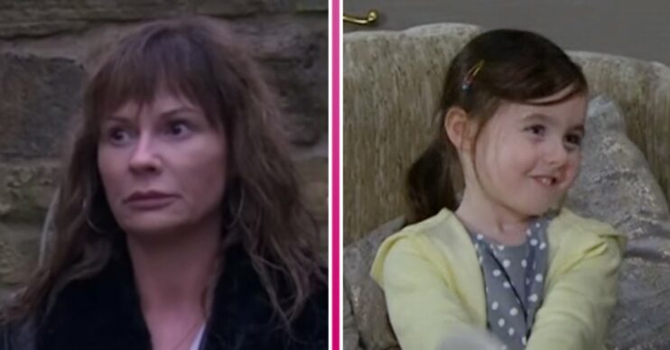Chas looking worried and Eve smiling in Emmerdale