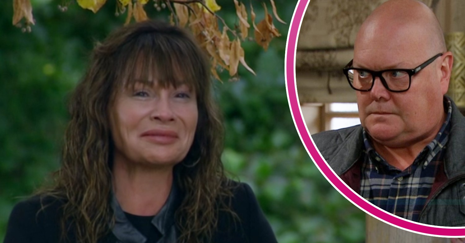 Chas crying and Paddy looking upset in Emmerdale