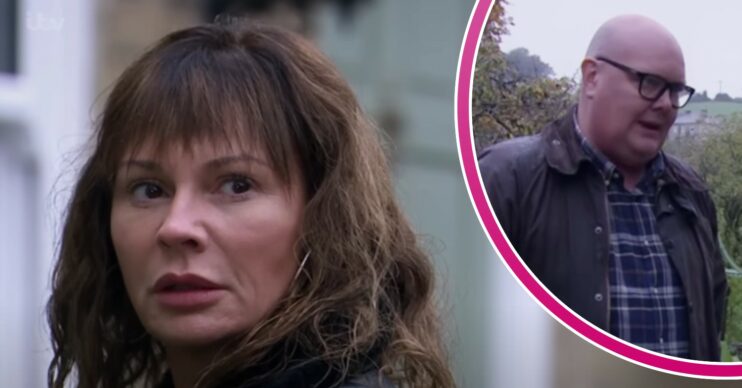 Chas looking scared and Paddy looking angry in Emmerdale