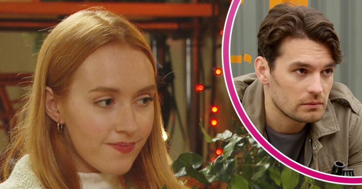 Chloe smiling and Mack looking worried in Emmerdale