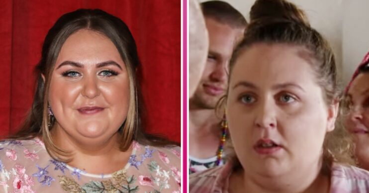 Clair Norris smiling and Bernie Taylor in EastEnders looking worried