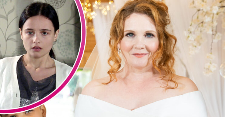 Coronation Street's Fiz is smiling in a wedding dress, and in a bubble, Alina is looking serious