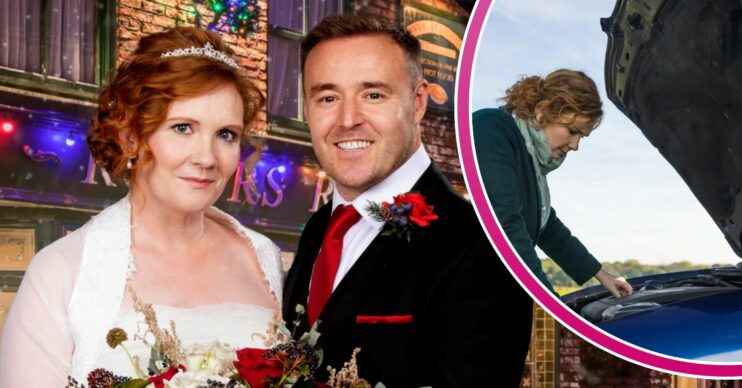 Coronation Street's Fiz and Tyrone in wedding gear and Fiz's car broken down