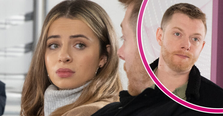 Coronation Street's Daisy is looking worried, and in a bubble, Daniel is looking serious