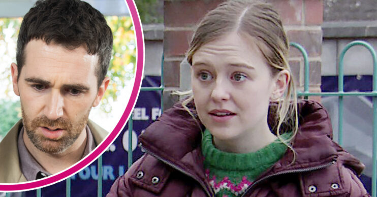 Coronation Street's Summer is looking shocked and, in a bubble, Mike is looking worried