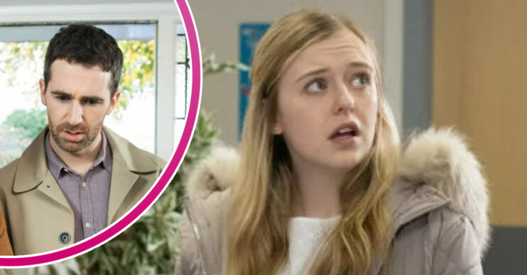 Coronation Street's Summer is looking shocked and, in a bubble, Mike is looking angry