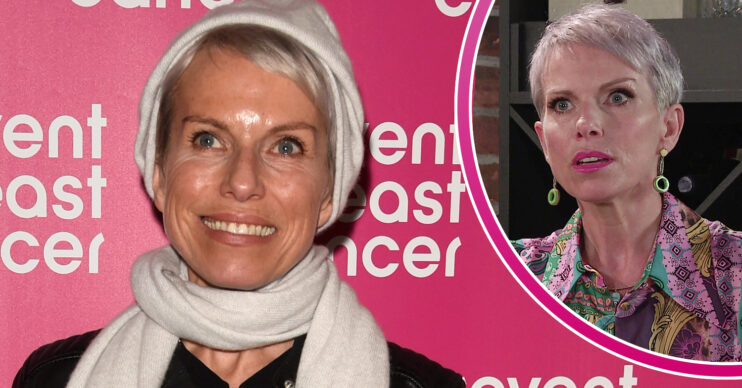 Coronation Street's Sue Devaney is smiling, and in a bubble, Debbie Webster is looking serious