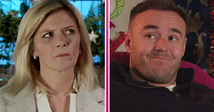 Coronation Street's Leanne is looking concerned and Tyrone is looking happy