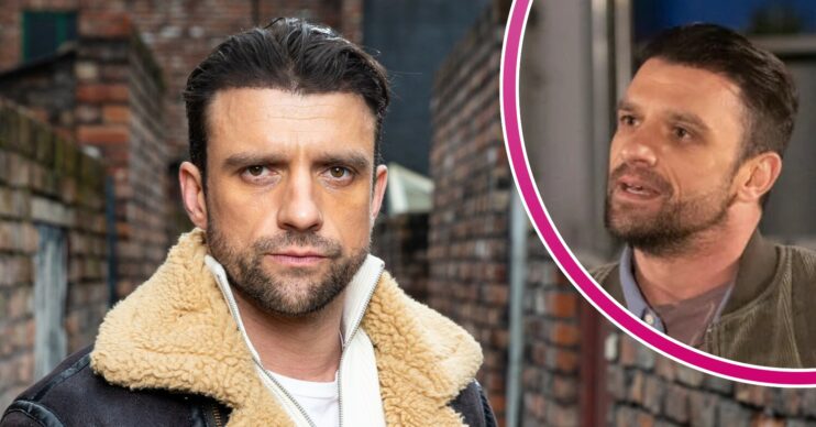 Publicity shot of Damon looking menacing on Coronation Street; inset, pleading with Jacob (Credit: ITV/Composite: Entertainment Daily)