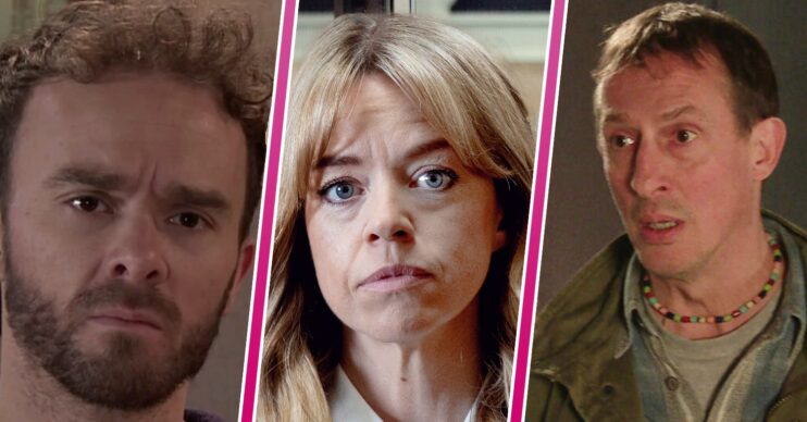 David looking annoyed, Toyah looking serious and Spider looking shocked in Coronation Street